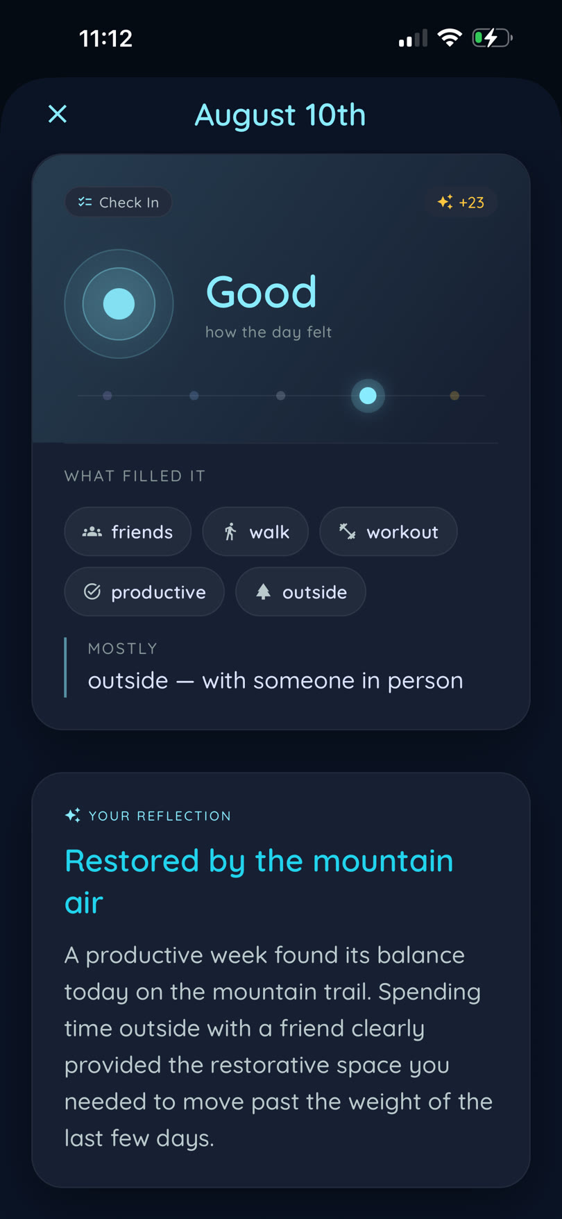 A day's summary with its mood, tags and a written reflection titled &ldquo;Restored by the mountain air.&rdquo;