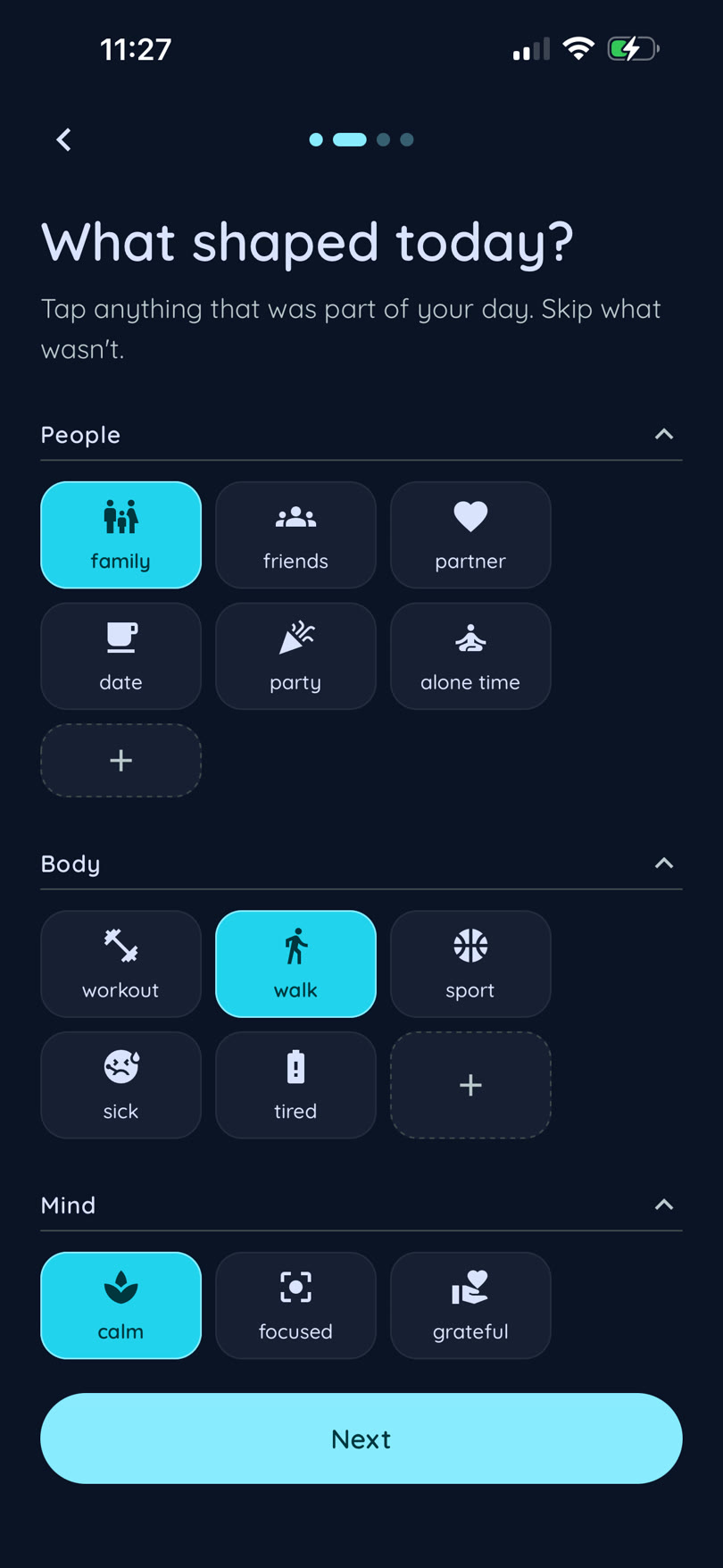 Check-in screen with tappable tags grouped under People, Body and Mind, and a Next button.