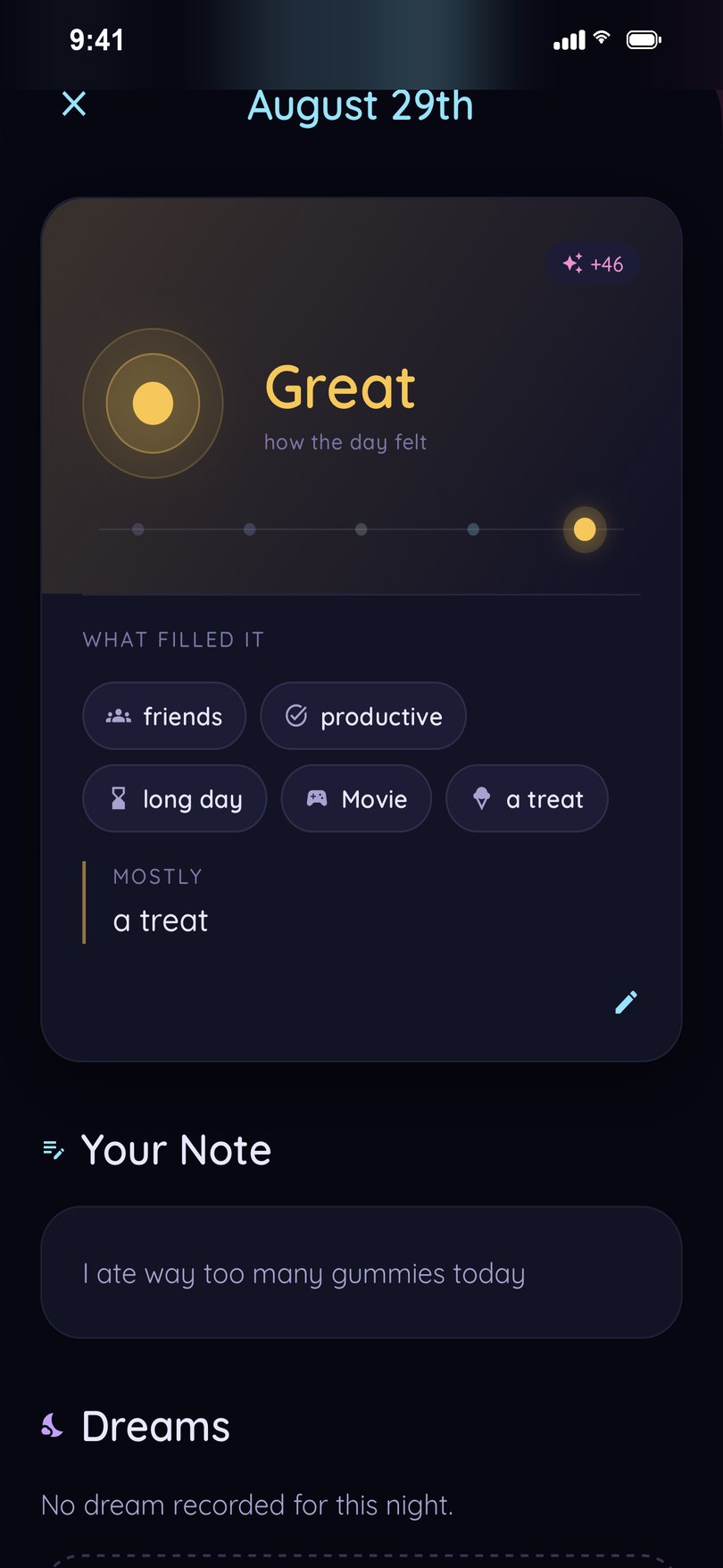 A day’s summary showing its mood glow, the tags picked for it and the note written that evening.